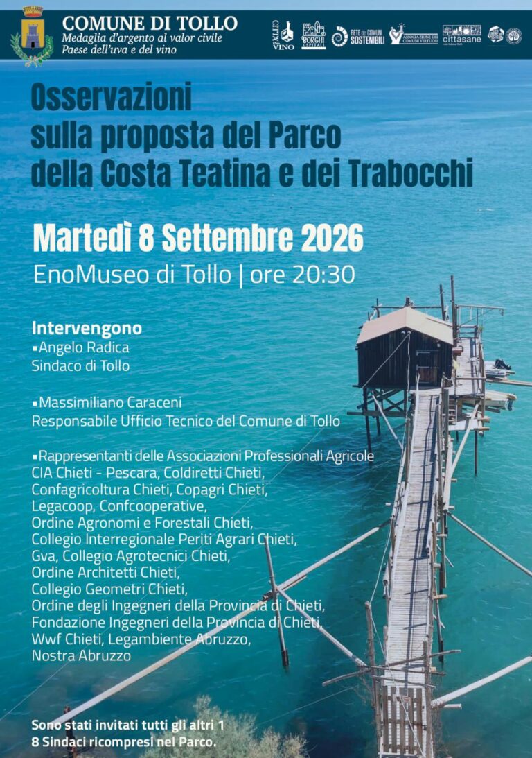 Parco della Costa Teatina e dei Trabocchi: incontro pubblico a Tollo l’8 settembre